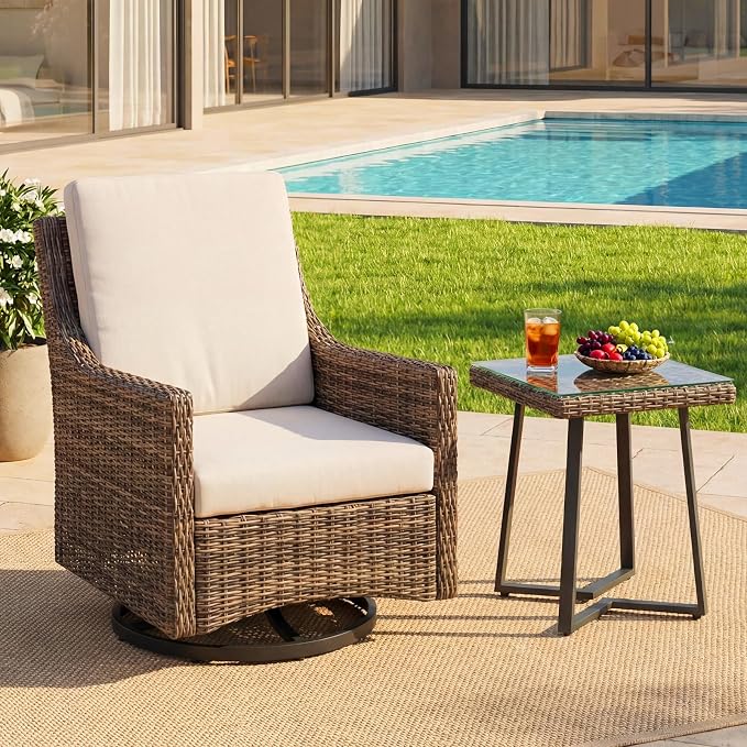 Rattan Tricot Patio Conversation Set, 3 Piece Set with 360° Rotary Sliding Chair and Side Table, Deep Seat, Wide Armrest, Thick Cushion, for Patio, Porch, Deck (Beige, 1 Pcs - Side Table)