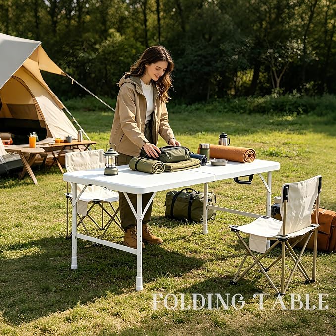 Portable Plastic Folding Table 4ft/6ft/8ft Heavy Duty White Black Picnic Dining Table Fold-in-Half for Camp Party Kitchen Indoor Outdoor (White, 4FT)