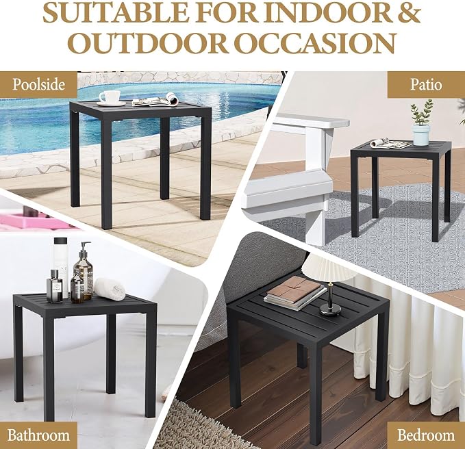 Crestlive Products Outdoor Side Table Set of 2,Black Small Square Metal End Table Weather Resistant Balcony Table for Pool Patio