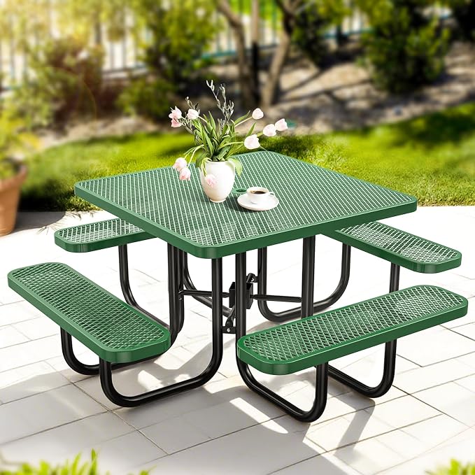 Ceridwen Heavy Duty Picnic Table with 4 Benches, Expanded Metal Steel Mesh Outdoor Patio Dining Table Bench Set with Umbrella Hole,Outdoor Patio Dining Table for Garden (Square, Green, 46FT)
