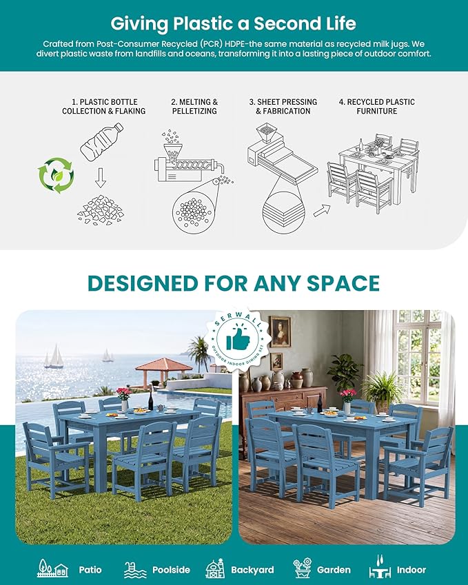 SERWALL Armless Outdoor Dining Cahir Set of 2, Blue | SERWALL Patio Dining Chair, All Weather Dining Chair Set of 2, Outdoor Dining Chair with Widened Seat, Blue
