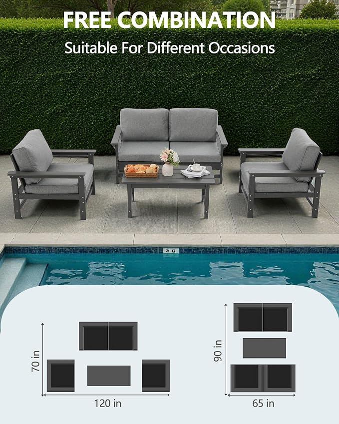 HDPE Outdoor Patio Furniture Set, 5-Piece Sofa Set with 2-Seat Couch, 2 Armchairs & Coffee Table, Weatherproof Conversation Set with Cushions, All-Weather Waterproof, for Garden, Porch & Backyard