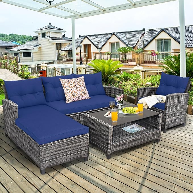 Tangkula 4 Pieces Rattan Conversation Set, Patiojoy Outdoor Furniture Set with Cushions, Lounge Sofa Set with Coffee Table, Patio Sectional Sofa Set for Patio Garden Poolside Backyard (Navy)
