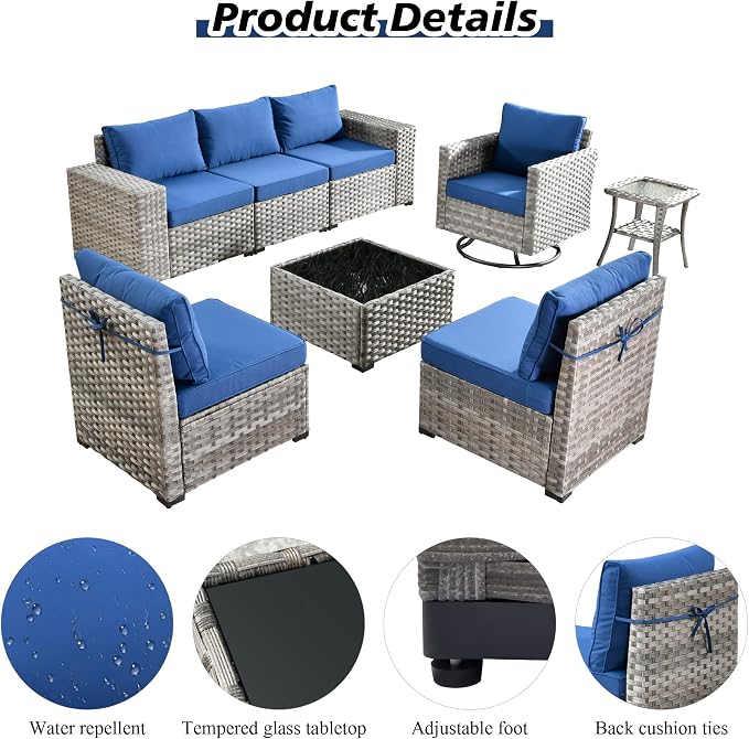 HOOOWOOO Outdoor Patio Sectional Furniture Sofa Set with Swivel Rocking Chair,8 Piece Modern Wicker Couch with Widened Armrest,Modular Conversation Seating Set for Garden(Navy Blue)