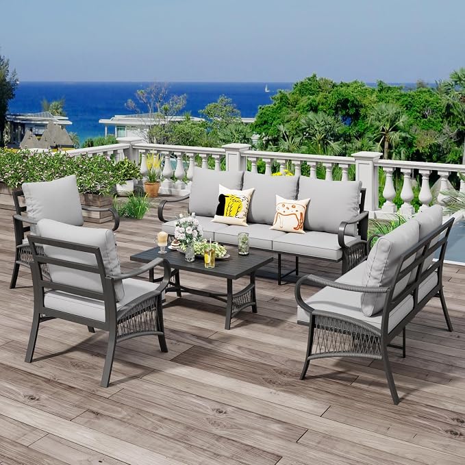5 Piece Patio Furniture Set, 7 Seat Metal Outdoor Sectional Sofa Set with Thick Cushions, All Weather Patio Conversation Set with Coffee Table for Garden, Porch, Lawn, Grey