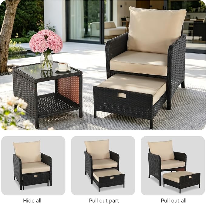 YLGJ&TIDY 5 Pieces Patio Furniture Set, Rattan Outdoor Lounge Chairs with Soft Cushions,Outdoor Wicker Patio Conversation Set with Hidden Ottoman and Coffee Table for Porch, Garden, Backyard (Khaki)