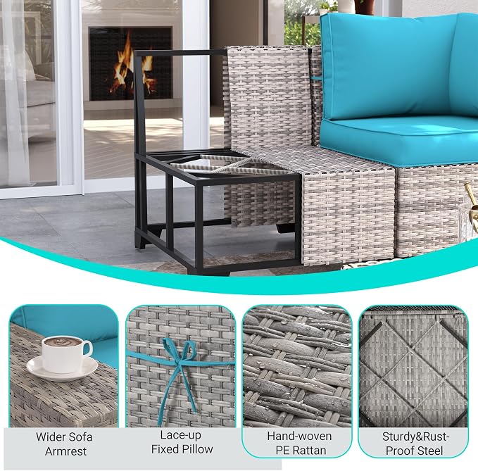 9-Piece Outdoor Patio Furniture Set with 55,000 BTU Fire Pit Table, PE Wicker Rattan Sectional Sofa Patio Conversation Set with Ottomans & Coffee Table, Turquoise