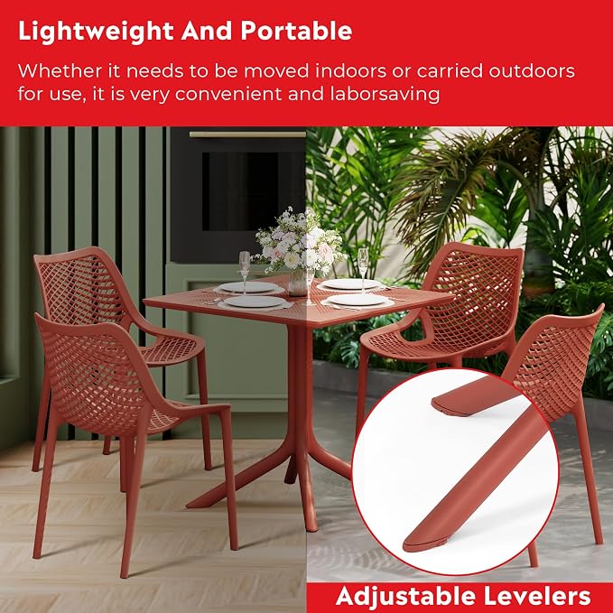 Costaelm Patio Dining Table for 4, Square PP Patio Table, 4-Person Weather Resistant Porch Tables for Outside Poolside Deck Lawn Garden Backyard, Red