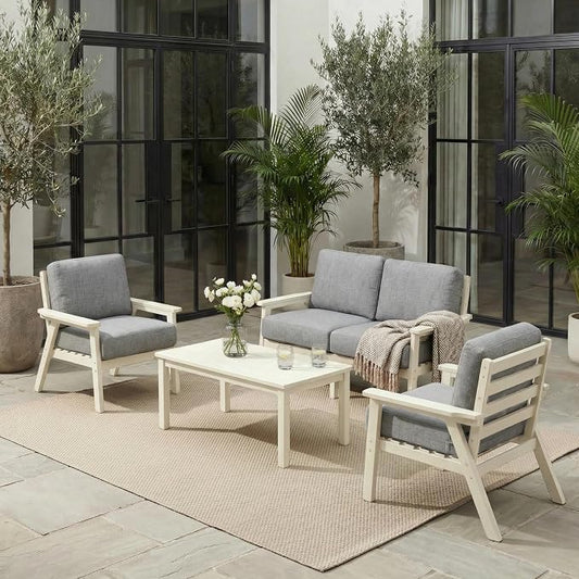 HDPE 5 Piece Patio Furniture Set, Outdoor Couch with Washable Thick Gray Cushions & Coffee Table, Outdoor Sectional Furniture for Backyard, Deck, Lawn, Porch (White Frame)