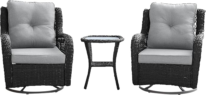 Manhattan Comfort Fruttuo 3-Piece Patio Conversation Set, Swivel Steel Rattan Chairs with Removable Cushions & Tempered Glass End Table, Weather-Resistant Outdoor Furniture for Backyard & Porch, Grey