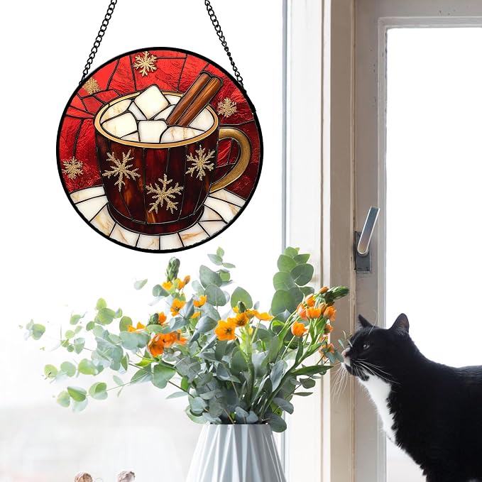 DASTOLL Stained Glass Window Hanging 4 Pcs Set Red Christmas Themed Decorations Large 15" - Suncatcher Door Garden Sun Catcher Decor Birthday New Year for Mom Woman Nana Men