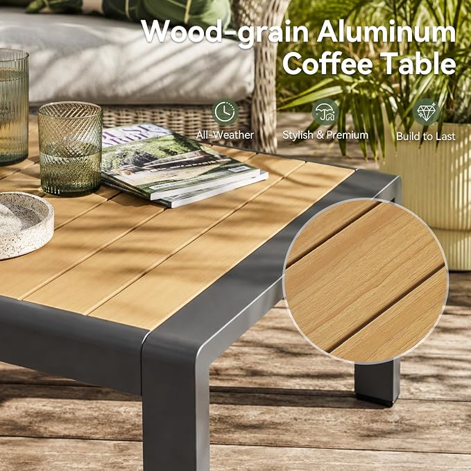 Aoxun Outdoor Aluminum Coffee Table for Patio Furniture Set, Rectangle Outdoor Coffee Table, All-Weather Patio Metal Coffee Table for Balcony, Garden, Deck, Backyard, Silver