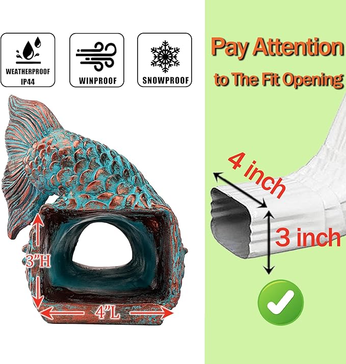 Teaeeno Fish Gutter Downspout Extension Decoration, 3''x4'' Downspout Extender Diverter Splash Block Sculpture Outdoor Decor, Animal Resin Statue Ornaments, for Garden, Lawn, Yard (Blue)