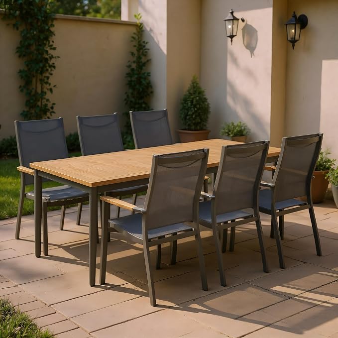 Urban Elements Vis 7-Piece Rectangular Patio Dining Set for 6 | Certified Teak & Aluminum | Ideal for Outdoors