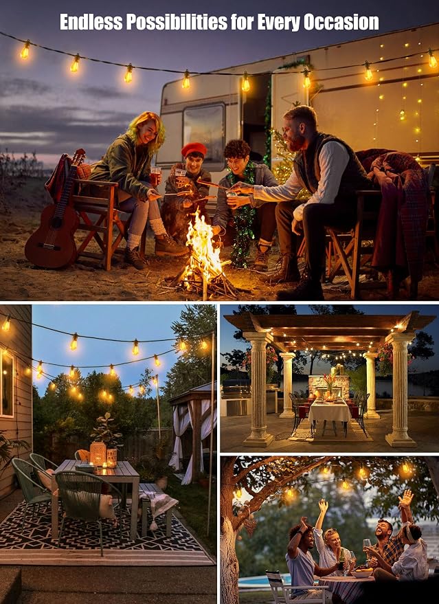 Minetom 34FT Solar String Lights Outdoor with Remote, Patio Lights | with 10 LED Shatterproof Bulbs and Hooks, E26 Socket and Type-C Port,Waterproof Hanging Lights for Outside Cafe Garden Bistro