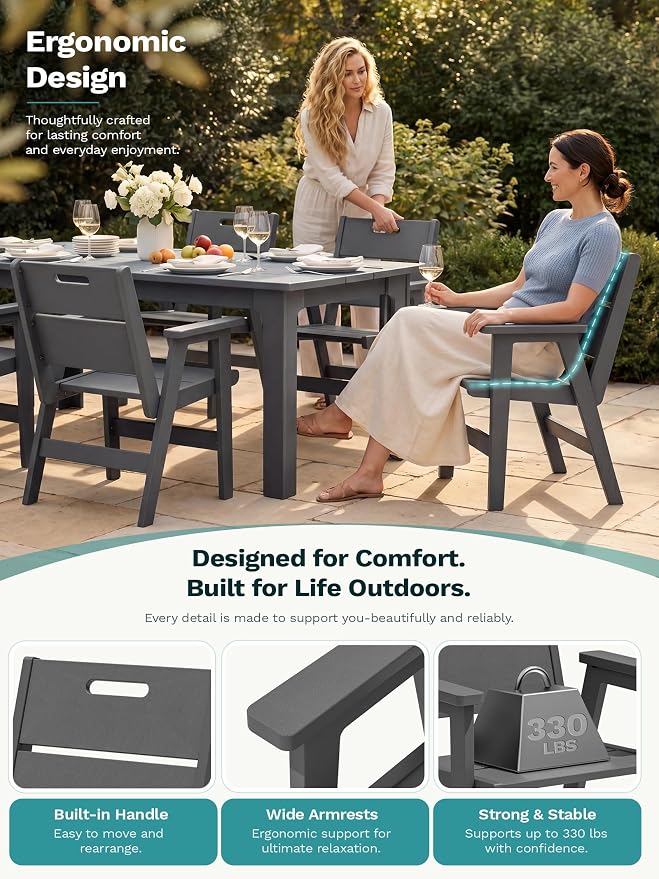 SERWALL 2-Pack HDPE Outdoor Patio Chairs, 19.69" Wide Ergonomic Dining Chairs, 330 LBS Heavy Duty All-Weather Arm Chairs for Backyard Deck Garden, Gray