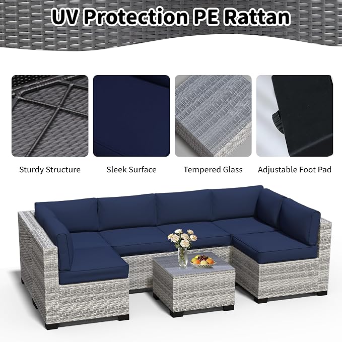 YLGJ&TIDY 7-Piece Outdoor Sectional Patio Furniture Set, All-Weather Wicker Rattan Sofa w/Thick Washable Cushions & Tempered Glass Table, Perfect for Garden, Poolside, Backyard (7, Gray White&Blue)