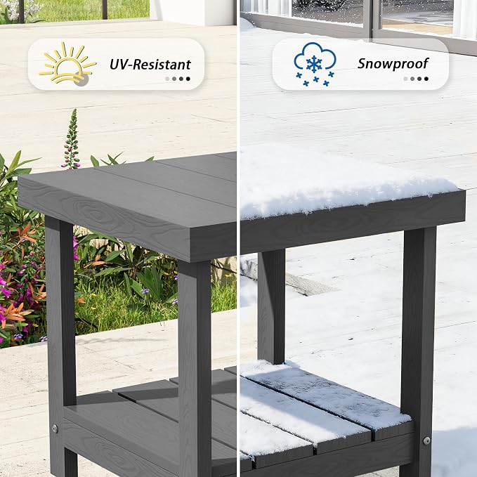 2-Tier HDPE Outdoor Square Side Table, Heavy-Duty Patio Side Table with Storage Shelf, Weather-Resistant Adirondack End Tables for Backyard, Pool, Porch, Garden, Lawn, Grey