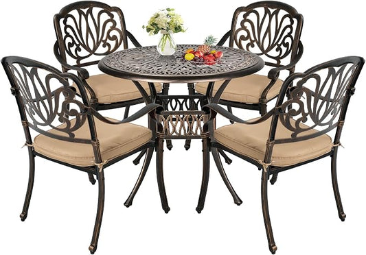 TITIMO 5-Piece Cast Aluminum Outdoor Patio Dining Set, 4 Pattern Chairs and 35.4" Round Table,Cast Aluminum Conversation Set with 2.2” Umbrella Hole 1 Round Table and 4 Chairs with Cushions (Khaki)