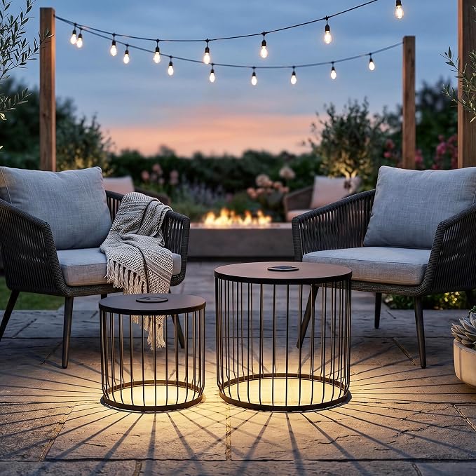 Solar Nesting Side Table Set of 2, Modern Black Metal Wire Round End Tables with Dusk to Dawn LED Light & On/Off Switch, Industrial Accent Tables for Patio, Balcony, Living Room, Garden (Solar 2)