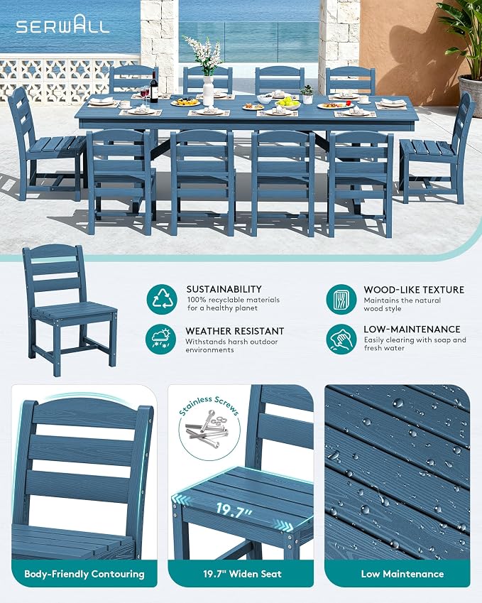 SERWALL 10 Piece Outdoor Dining Set with 15ft Triple-Head Foldable Umbrella(Based not Included), 84" HDPE Outdoor Table and Armless Chairs Set for 8, Blue