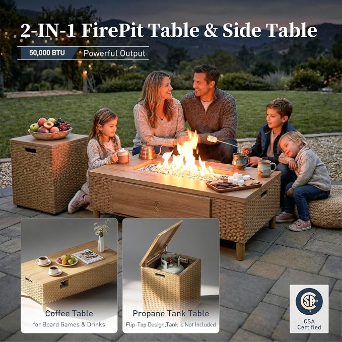 SUNSHINE VALLEY Patio Furniture Set with Swivel Chairs & Firepit, 5 Pieces Outdoor Wicker Conversation Set with 10" Thick Cushions for Deck Lawn Garden Backyard