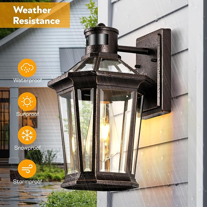 VIANIS Outdoor Motion Sensor Porch Light, Dusk to Dawn Outdoor Lighting Wall Sconce, Aluminum Oil Rubbed Bronze Gold Trim Exterior Lighting Fixtures, Weatherproof Outside Wall Lights for House, Patio