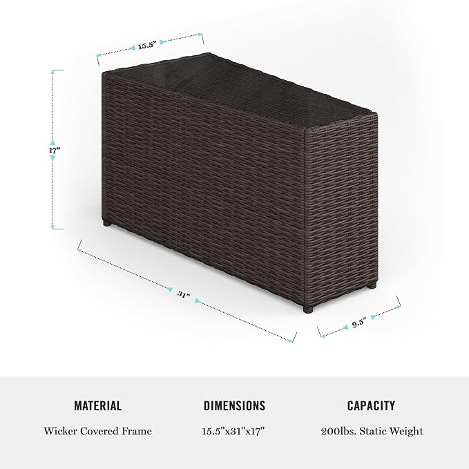 Martha Stewart Bedford Indoor-Outdoor Tapered Patio Side Table with Inset Tempered Glass Top and Rattan Wicker Finish in Brown