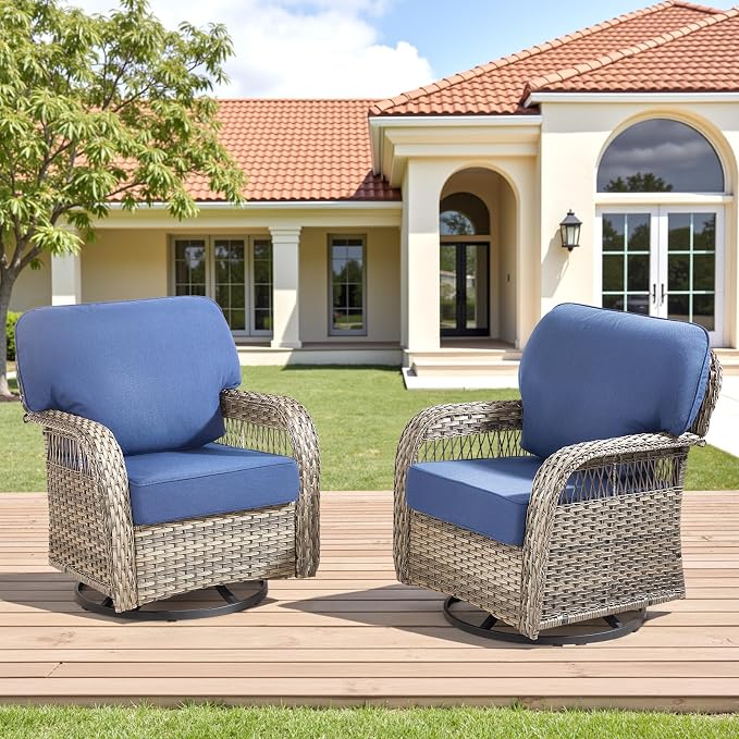 Wicker Swivel Rocker Patio Chairs, Patio Wicker Chairs Swivel Rocker Set of 2 All Weather Glider Rocking Chair Outdoor Conversation Furniture Set for Deck Porch Sunroom Backyard, Blue