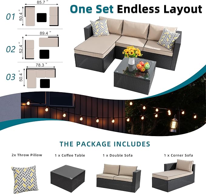 SUNLEI Patio Furniture Set with Detachable Soft Cushions, Outdoor PE Rattan Patio Conversation Sofa Set, 3-Piece Patio Sectional Sofa with Glass Coffee Table,Black Rattan/Khaki