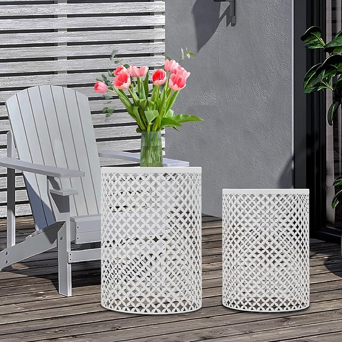 Cylindrical Outdoor Side Tables Set of 2, Metal Frame Accent Table End Table, Vintage Side Tables for Patio Gardens Balconies Cafes Parks (2, White)