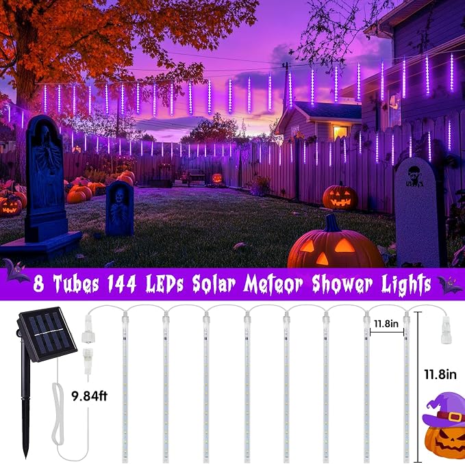 JMEXSUS Solar Halloween Lights Outdoor Purple Solar Lights | 8 Tube 144 LEDs, Solar Meteor Shower Lights for Halloween Tree Fence Eaves Patio Yard Holiday Party Decor