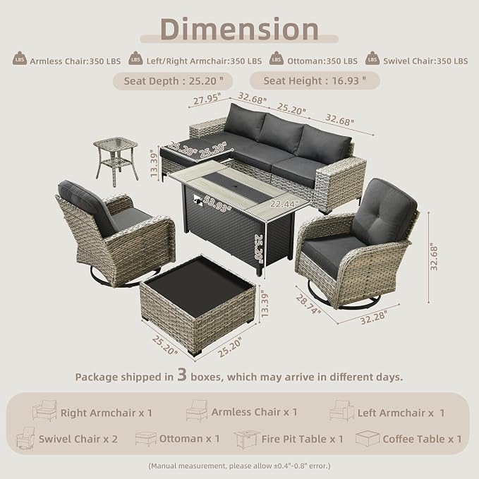 Outdoor Sectional Patio Furniture Set with Fire Pit Table,8 Pieces Wicker Conversation Sets L Shaped Couch,Extra Deep Out Door Sofa Outside Furniture with Swivel Chairs,Black