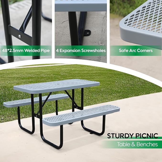 4FT Rectangular Metal Picnic Table for Outdoors, Commercial Steel Metal Picnic Tables, Heavy Duty Sturdy Picnic Tables Furniture Set for Patio Garden Courtyard BBQ, with Umbrella Hole, Grey
