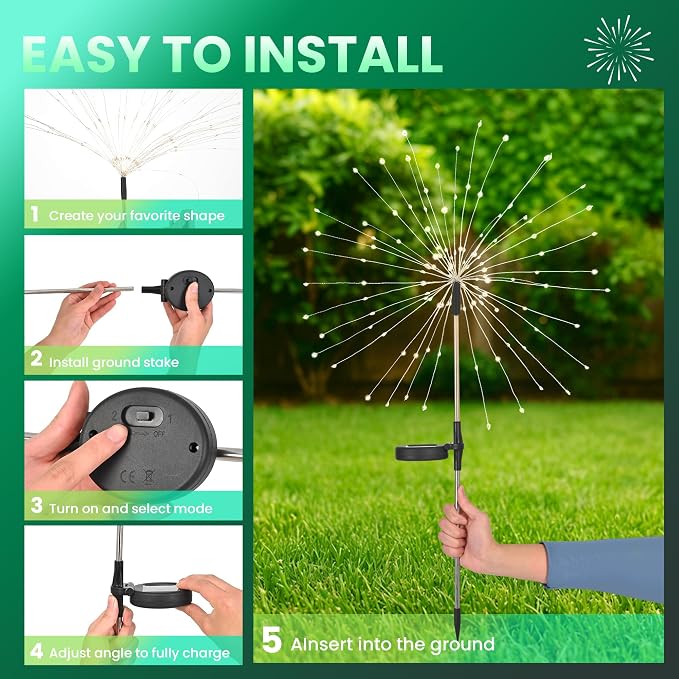 PEVOROS Solar Firework Fairy Garden Lights Outdoor, Green, 6 Pack | 120 LEDs, Waterproof, Fairy Garden Decor, Auto On/Off, Solar Powered, for Yard, Patio, Porch, Flower Pot, Pathway