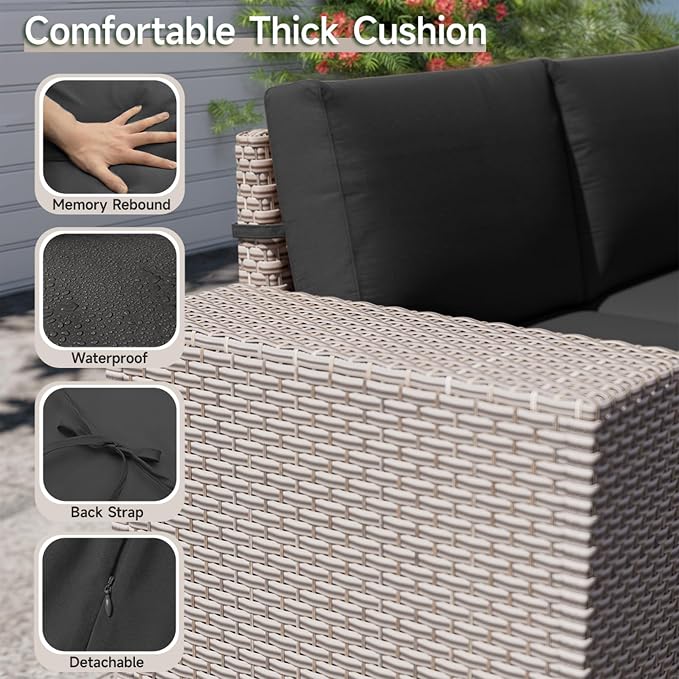13-Piece Outdoor Patio Furniture Set with Fire Pit, Modular Sectional Sofa Set with Glass Coffee Table and Cushions, Wicker Outdoor Couch Conversation Sets, Black