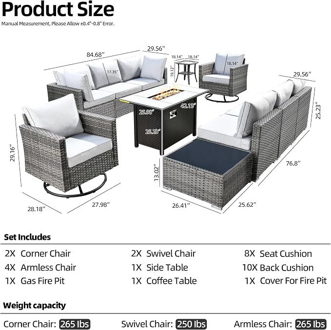 CAODOC 11 Piece Outdoor Patio Furniture Set with 42" Fire Pit Table, Wicker Sectional Conversation Set Whit Swivel Chairs,Modern Outside Sofa for Balcony Backyard(Gray)