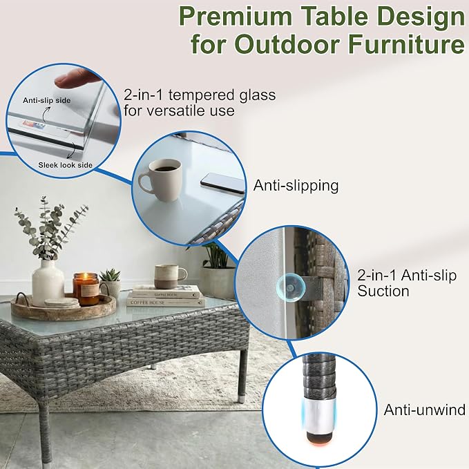 GIANGSUNNY 4 Piece Patio Furniture Set, Outdoor Hand-Woven Wicker Rattan Conversation Set with Double-Sided Tempered Glass Table, Weather-Resistant Seating for Patio, Balcony, Porch, Garden (Grey)