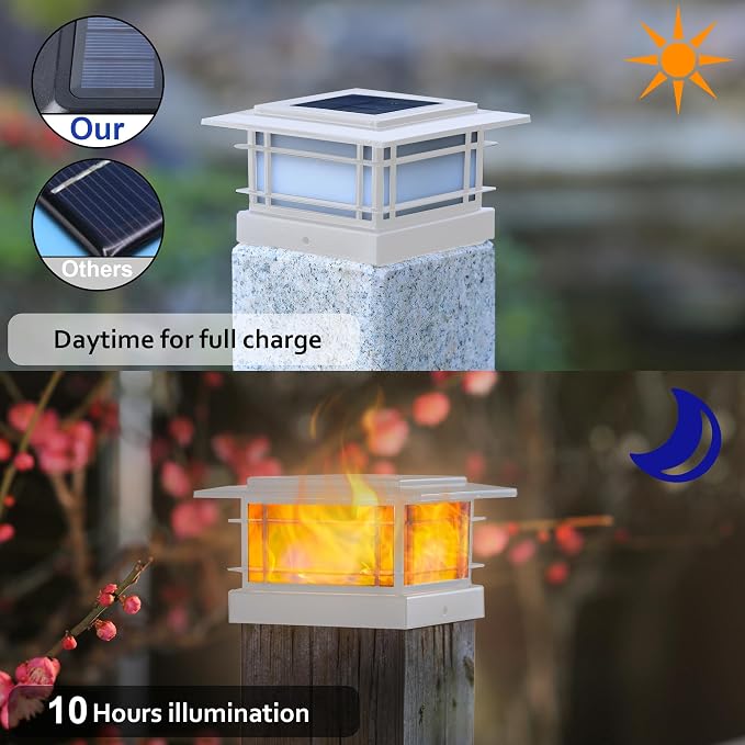 Dynaming 2 Pack Solar Post Cap Lights Outdoor with Flickering Flame Light, White Shell Fence Post Solar Lights Fit 4x4 5x5 Vinyl/Wooden Posts, Brightness LED Lighting Decor for Garden Deck Patio