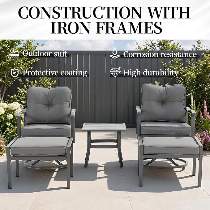 Patio Furniture Set, 5 Pieces Outdoor Patio Furniture Sets,Outdoor Metal Conversation Set Sofas with 2 Swivel Chairs,2 footstools,1 Side Table,Wrought Iron with Cushion