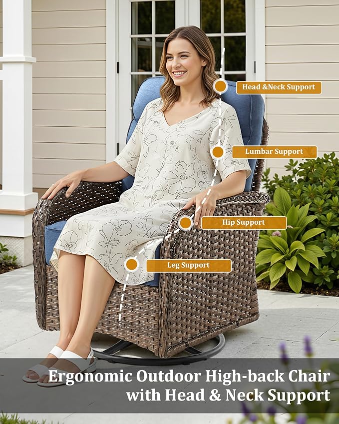 8-Piece Luxury Patio Furniture Set with 6-inch Thick Cushion,Outdoor Wicker Sofa Couch Set of 2 & Swivel Rocker Chairs, Conversation Set for Poolside, Deck & Yard - Blue
