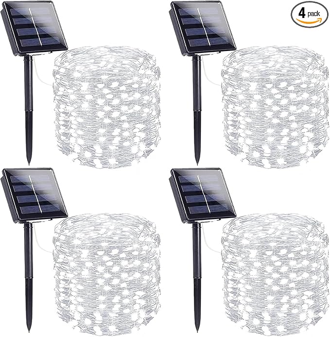 Solar Fairy Lights, 4 Pack Total 400LED 144FT Waterproof String Lights | Cool White, Silver Wire, 8 Lighting Modes Solar Twinkle Lights for Tree Garden Patio Party Outdoor Christmas Decorations