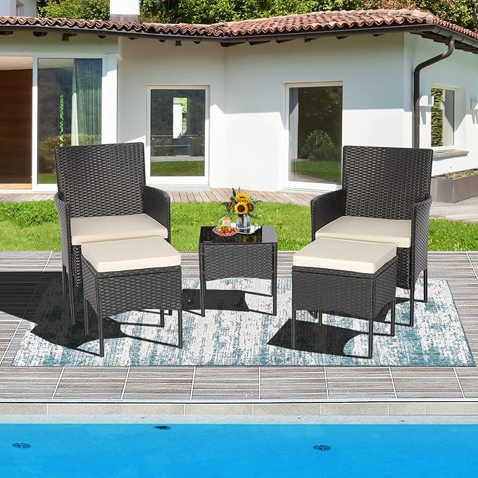 Tangkula 5 Piece Outdoor Wicker Sofa Set, Patiojoy Rattan Sofa Set with Coffee Table & 2 Ottomans, Rustproof Metal Frame, Soft Seat Cushions, Patio Conversation Set for Backyard, Poolside (Off White)