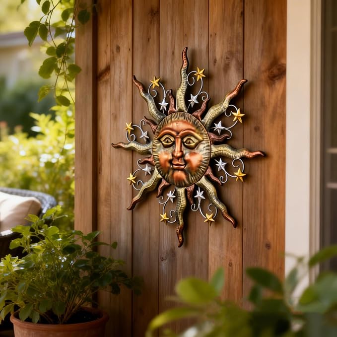 TERESA'S COLLECTIONS Sun Metal Wall Art for Outdoor Decor,21" Bronze Sun Face 3D Wall Decor for Garden Decor,Rustic Retro Hanging Sculpture for Outside Living Room Home Patio Farmhouse Gifts for Mom