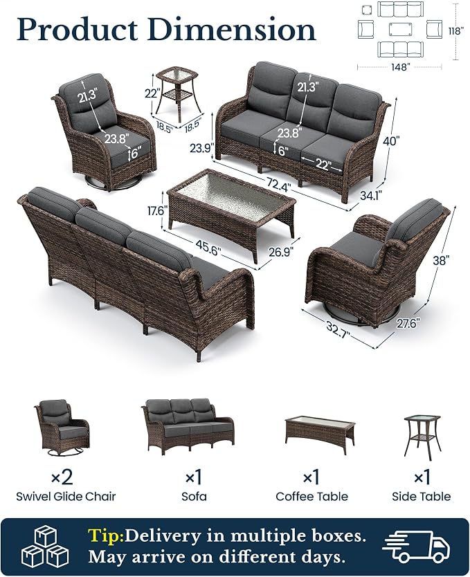 HILLGA Luxury Outdoor Patio Furniture Set with 6-Inch Thick Cushions, High Back Wicker Swivel Rocker Chairs, 6Pcs All Weather Sofa Set for Large Deck, Yard and Poolside, Gray (V3)