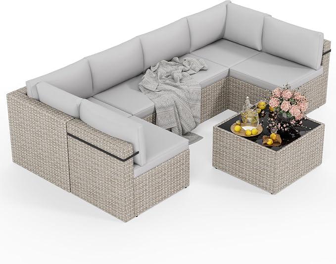7-Piece Outdoor Sectional Sofa Set, Weather-Resistant Patio Furniture Set with Washable Cushions and Coffee Table, Grey Rattan Patio Conversation Set for Poolside, Backyard, Deck (Grey)