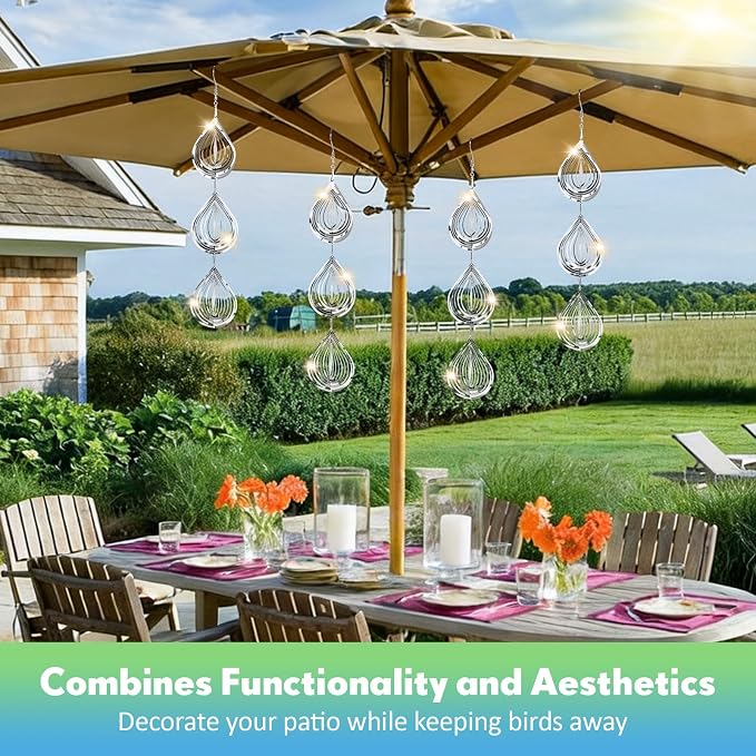 Bird Deterrents for Outside, 12 Discs Stainless Steel 3D Wind Spinners Garden Decor, 4 Sets Reflective Bird Scare Devices to Keep Woodpeckers, Pigeons Away from Patio, Balcony, Porch, Deck