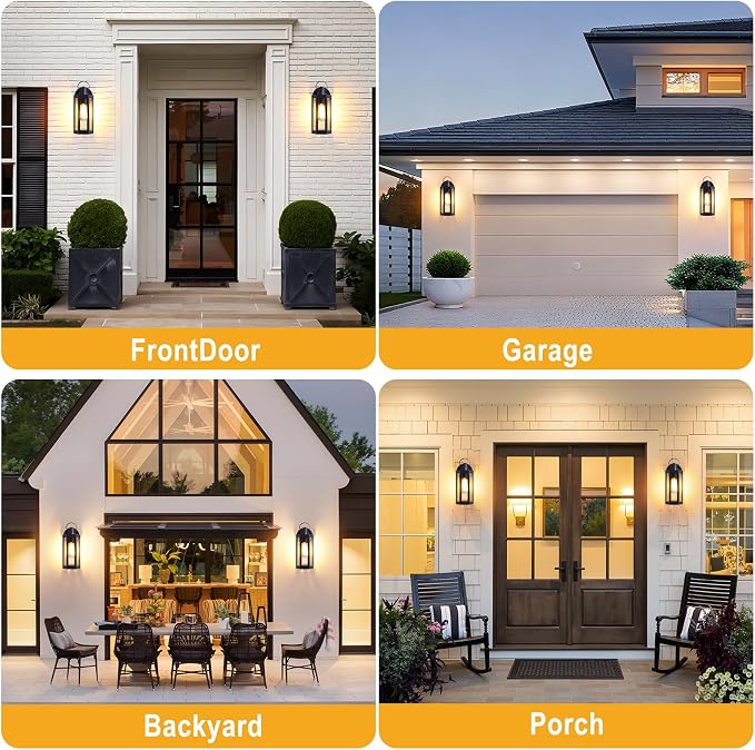 EJIAXIN 2 Pack Exterior Lighting Fixtures, 13" Black Outdoor Wall Light | Clear Glass Shades, Waterproof Metal Construction,Rust-resistant, Easy Installation,Standard E26 Socket, for Patio Garage