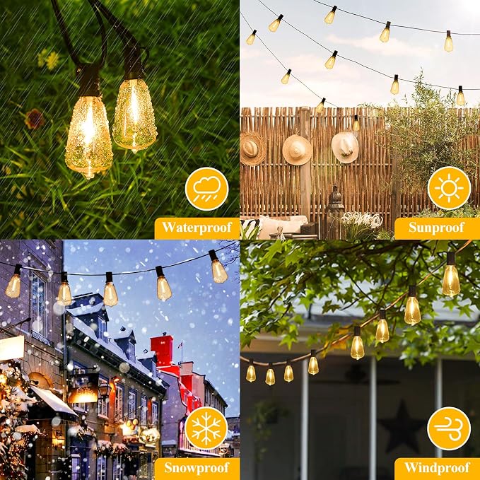 Brightever LED String Lights Outdoor Waterproof, 150FT 2200K Dimmable Patio Lights with 77 Shatterproof ST38 Vintage Edison Bulbs, Outside Hanging Light for Porch, Deck, Garden, Backyard, Balcony