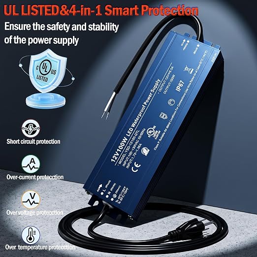12V 100W UL Listed LED Power Supply with 3.28ft US Standard Plug Wire | Waterproof IP67 Low Voltage Transformer 100V-130V AC to 12V DC Converter for DC12V LED Lighting Products